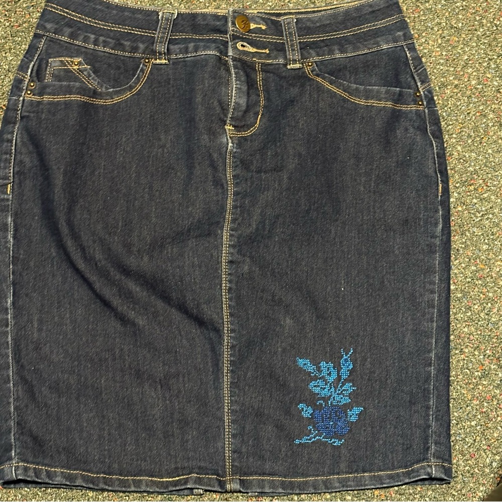Royalty For Me Dark Blue Denim Pencil Skirt with Blue Embroidery